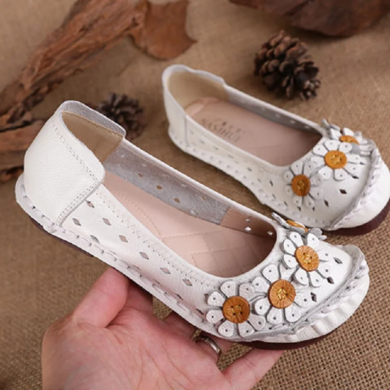Feerldi Blue Mom Casual Flats Woman Soft Floral Oxford Shoes for Women Summer Genuine Leather Shoes Ladies Handmade Sewing Flats