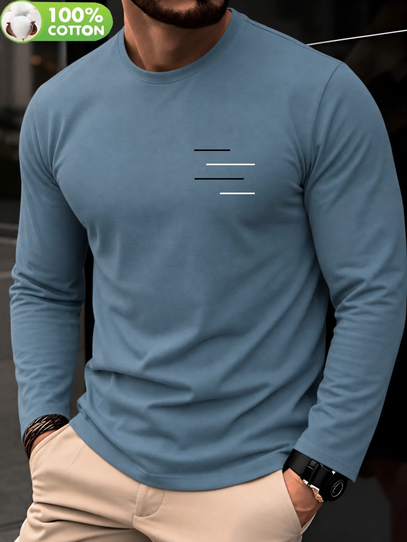 Mens 100 Cotton Thin Long Sleeve T Shirt Spring Trendy Simple Casual Versatile Geometric Line Print Tee For Daily Commute