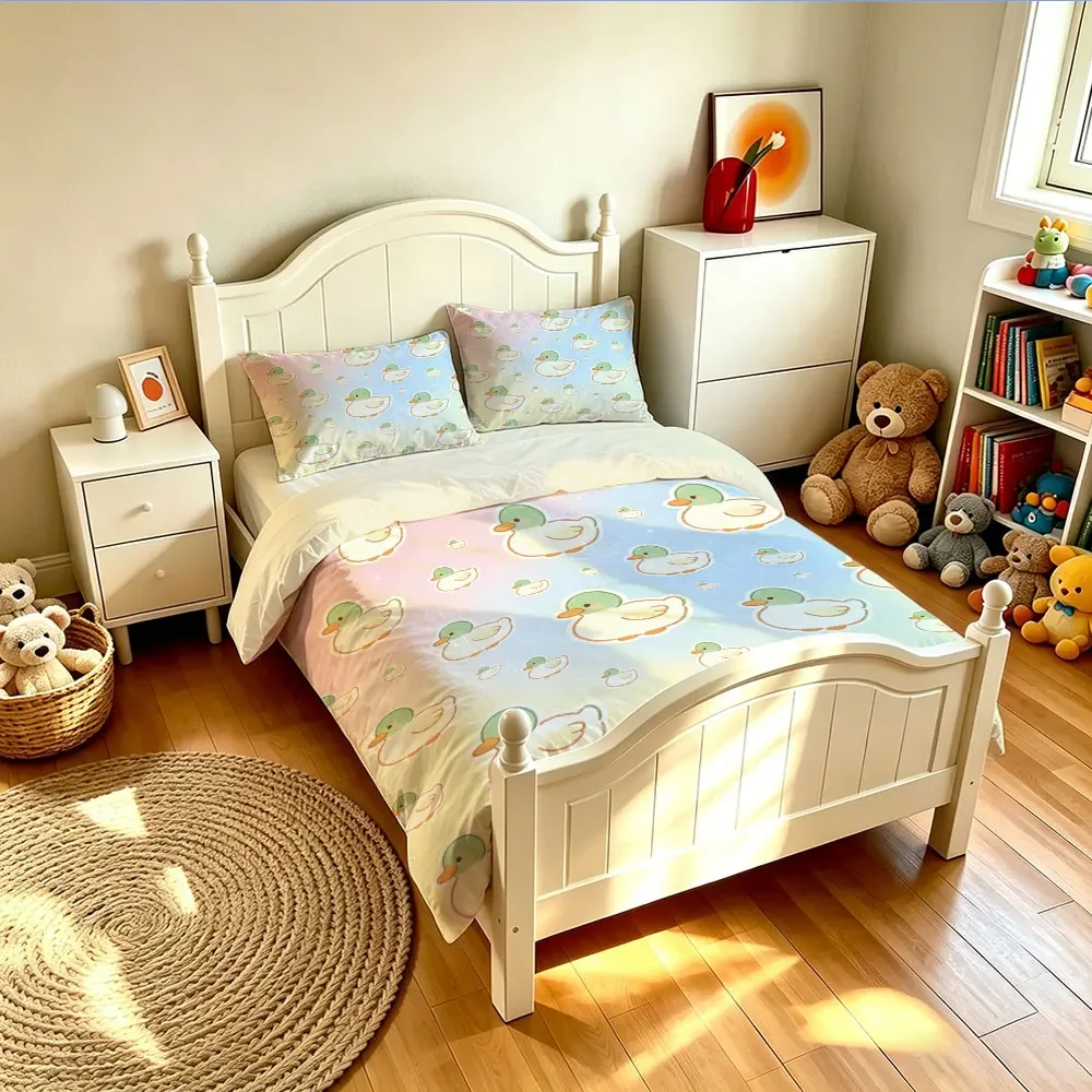 3PCS Hand-painted Cute Cartoon Mallard Duck Print Duvet Cover Set, Multiple Sizes Soft Bedding Decor, Machine Washable