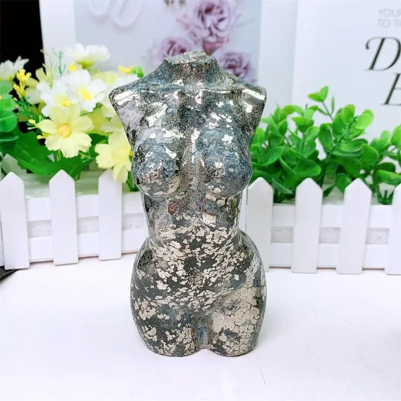 15CM Natural Pyrite Lady Body Statue Handmade Female Body Carved Crafts Figurine Healing Crystal Ornament Room Decor