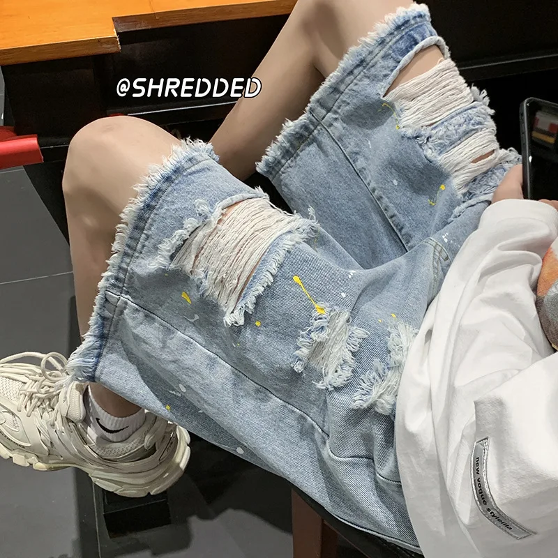 Summer Men's Ripped Denim Shorts Hole Raw Edge Tassel Knee Length Jeans Straight Leg Baggy Beggar Pants Male Loose Short Jeans