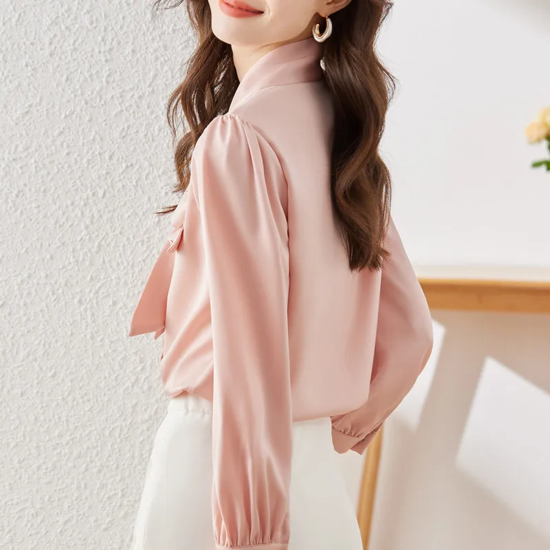 NAVIU High Quality Satin Women Elegant Chic Bow Collar Shirts Korean Solid Long Sleeve Blouse Top Bluasa Mujer De Mold 2024 New