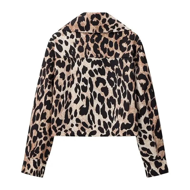 Tangada Women\'s Leopard Crop Jacket Loose Long Sleeves Pocket 2024 Ladies Elegant Oversized Coat JA020