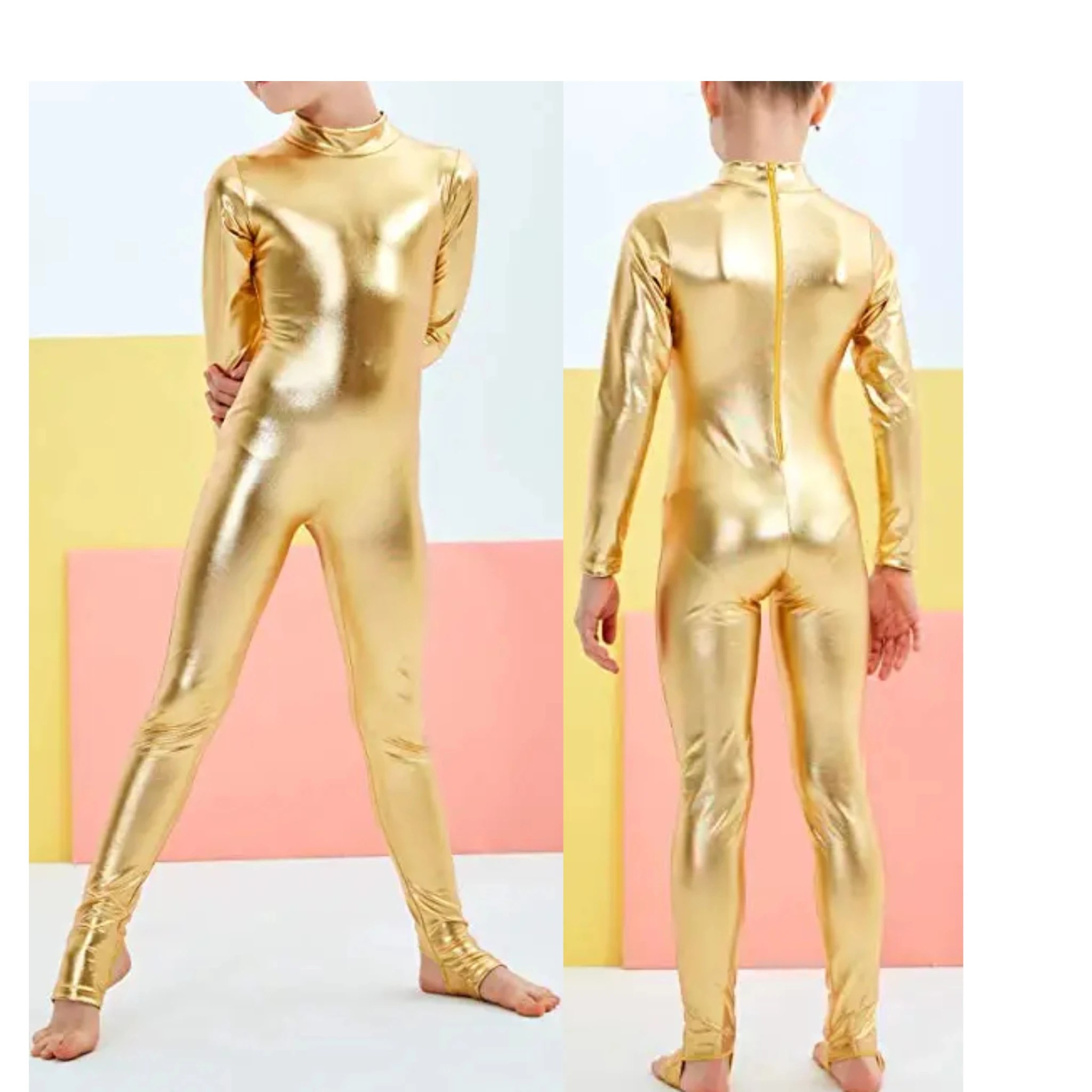 SPEERISE Ragazze Lucido Full Body Manica lunga Cerniera posteriore Dolcevita Staffa Unitard Bambini Ginnastica Danza Tute intere