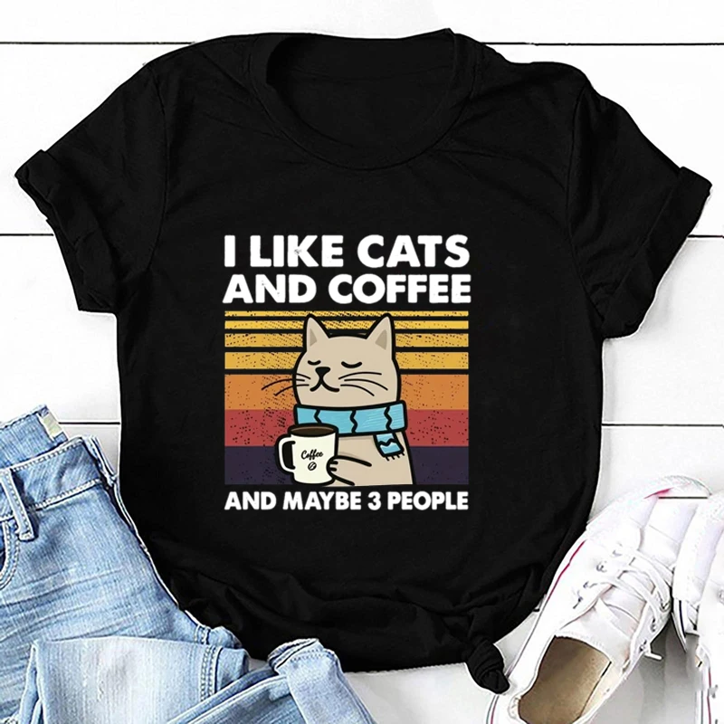 

Cat & Coffee Print T-shirt, Casual Crew Neck Short Sleeve T-shirt, Women's Men's Summer Clothing