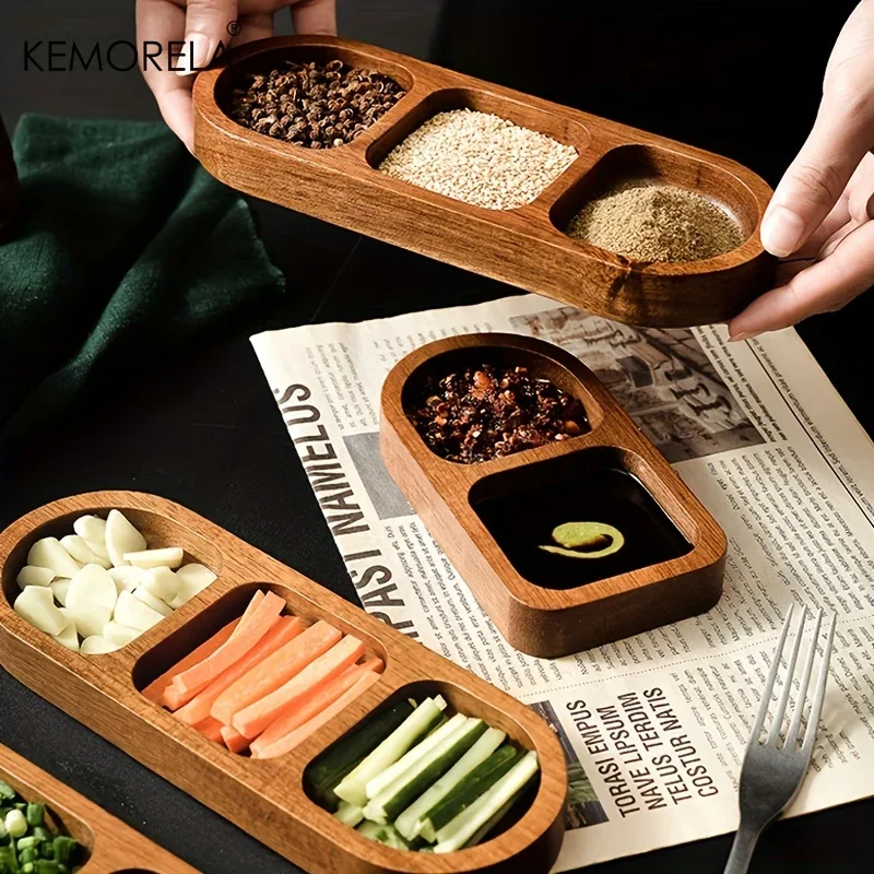 Solid Wood Rectangle Tray 2/3 Grid Condiment Plate Breakfast Food Sushi Bread Dessert Sauce Plate Kitchen Dinner Seasoning Dish