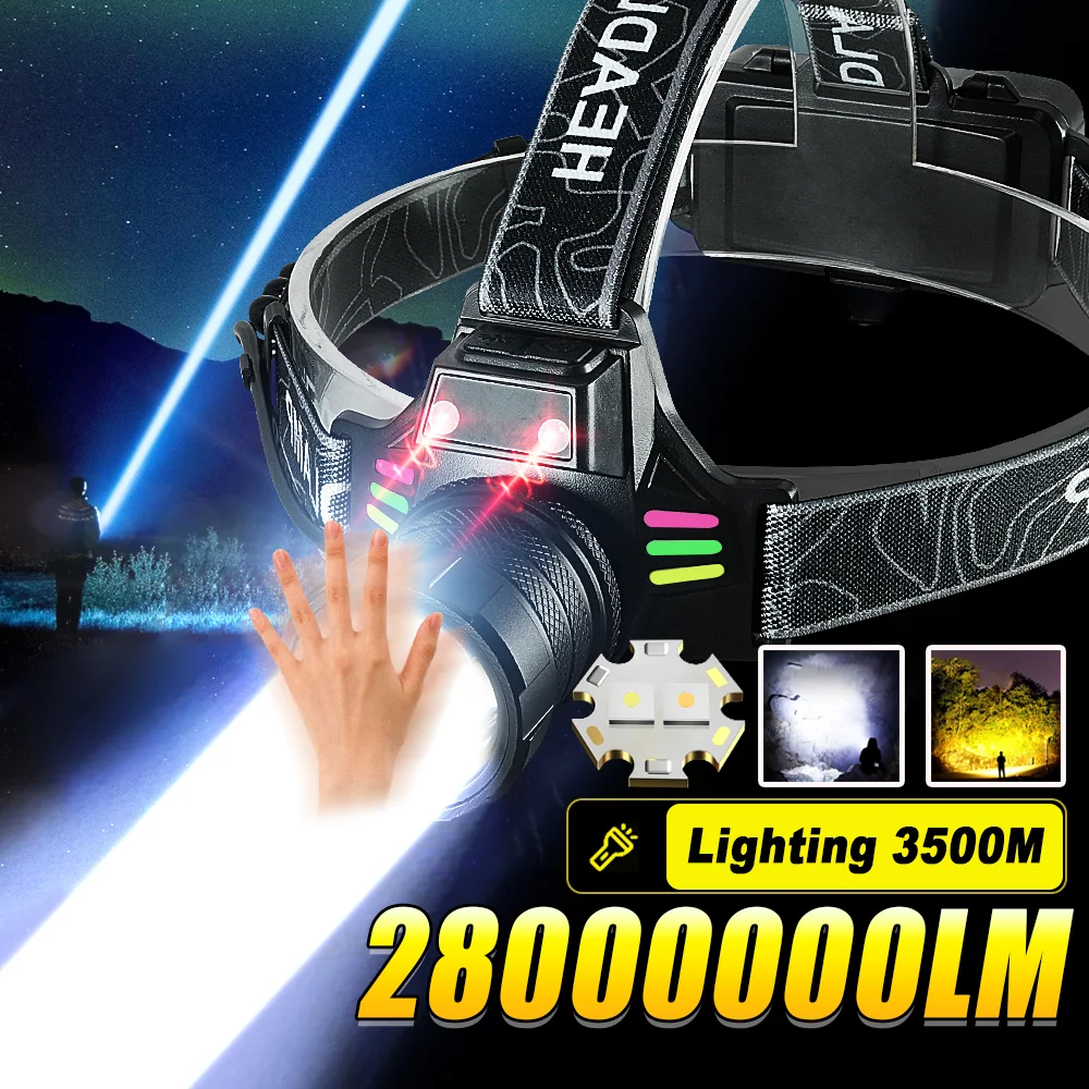 28000000LM Ultra High Power Headlight Dual Light Source LED Headlamp 18650 Head Flashlight Outdoor Working Lantern Camping Light
