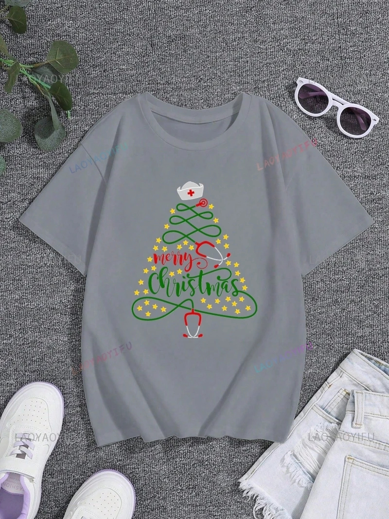 メリークリスマスプリントTシャツ、医療スタッフがクリスマスを祝うための日常のカジュアルウェア、ファッションコットンTシャツ、0ネック