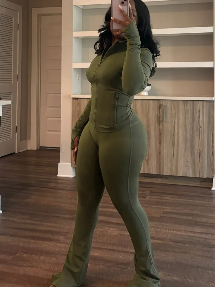 الخريف عادية الصلبة رياضي قطعتين مجموعات أنيقة المرأة الوقوف الرقبة سستة طويلة الأكمام سليم بلوزات وسراويل ضيقة وتتسابق رياضية #6