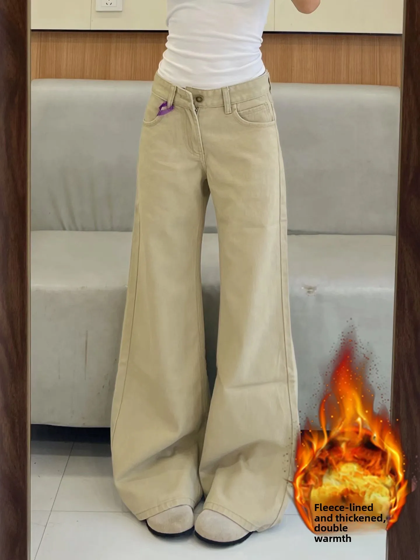 ハイウエスト裏起毛フレアジーンズ レディース 秋冬 プラスサイズ ストレートレッグ ルーズ アンクル丈パンツ アメリカンスタイル