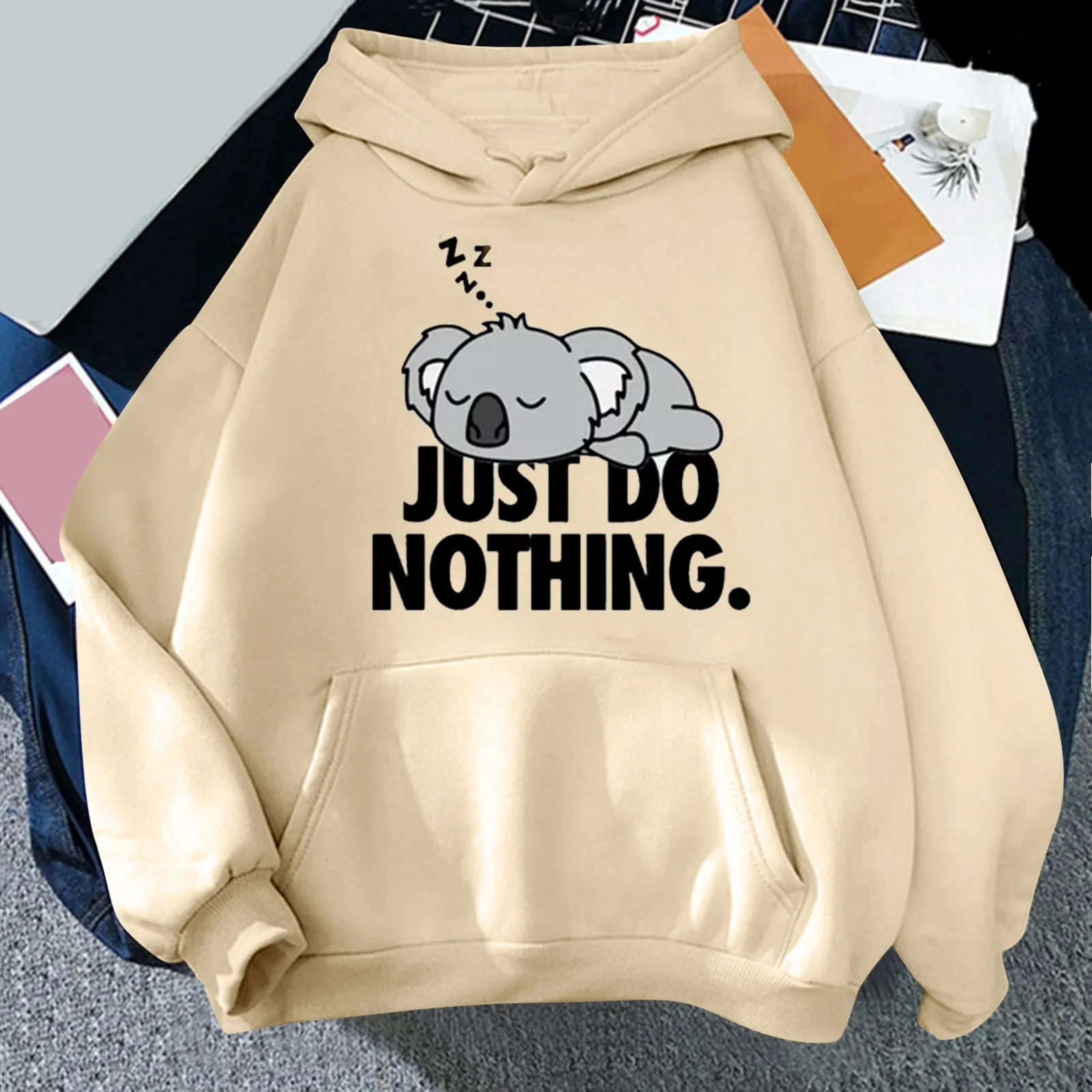 JUST DO NOTHING Cute Sleeping Bear Print Women Hooded Sweatshirt Oversize Fleece Women Streetwear Teenage Girl Casual Hoodie