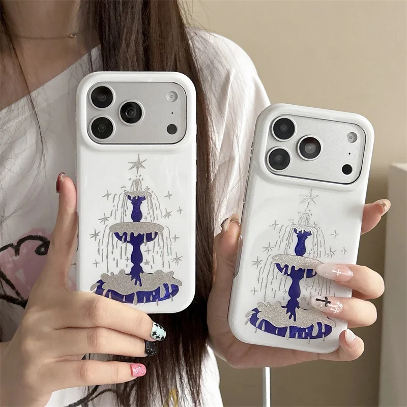 Luxury Silver Glitter Fountain Star Phone Case iPhone 17 16 15 Pro Max Blue White Glossy Soft Shockproof Drop Protective Cover