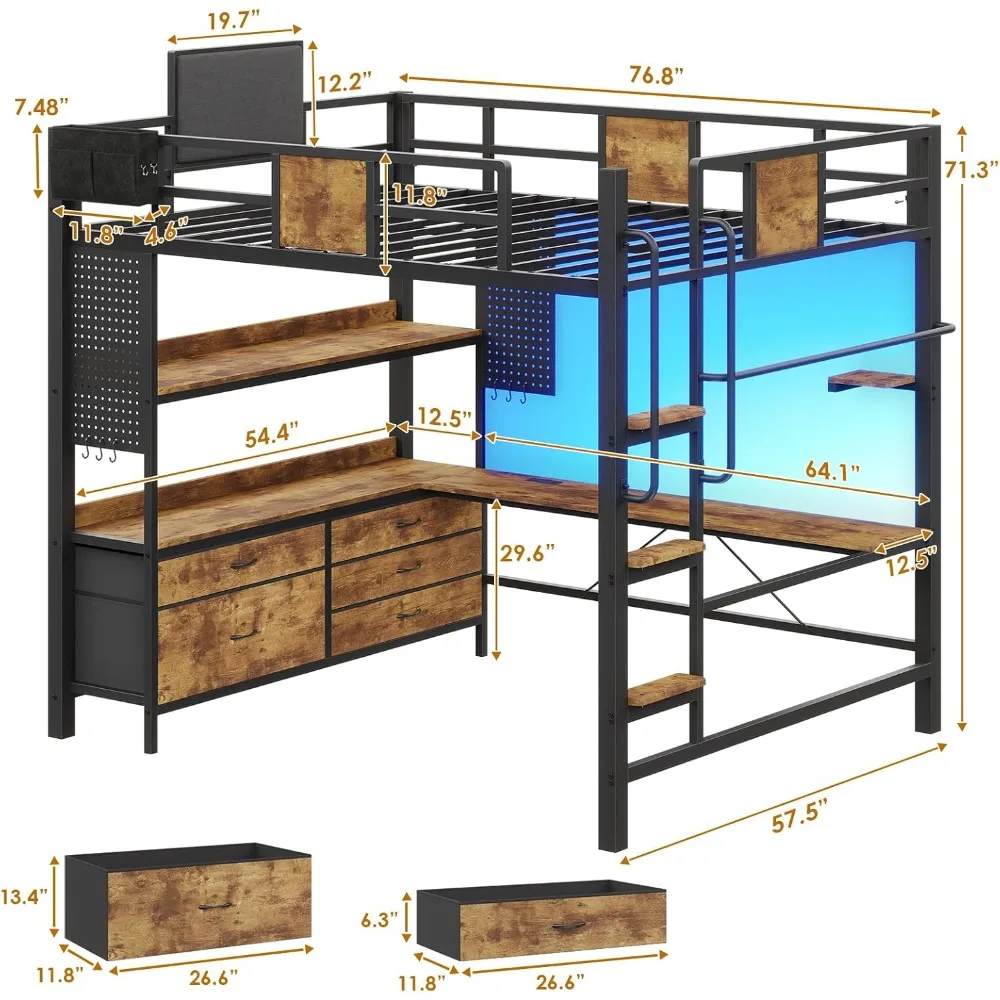 Loft Bed with L-Shaped Desk Full Size,Full Size Bed Frame with 5 Storage Drawers, Bunk Bed with Desk