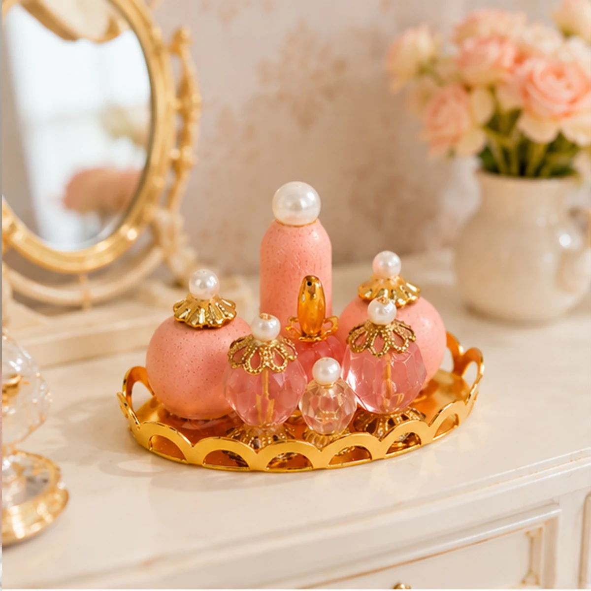 1:12 Dollhouse Miniature Perfume Bottle Set with Gold Tray Mini Cosmetic Decor DIY Doll House Accessories view 3