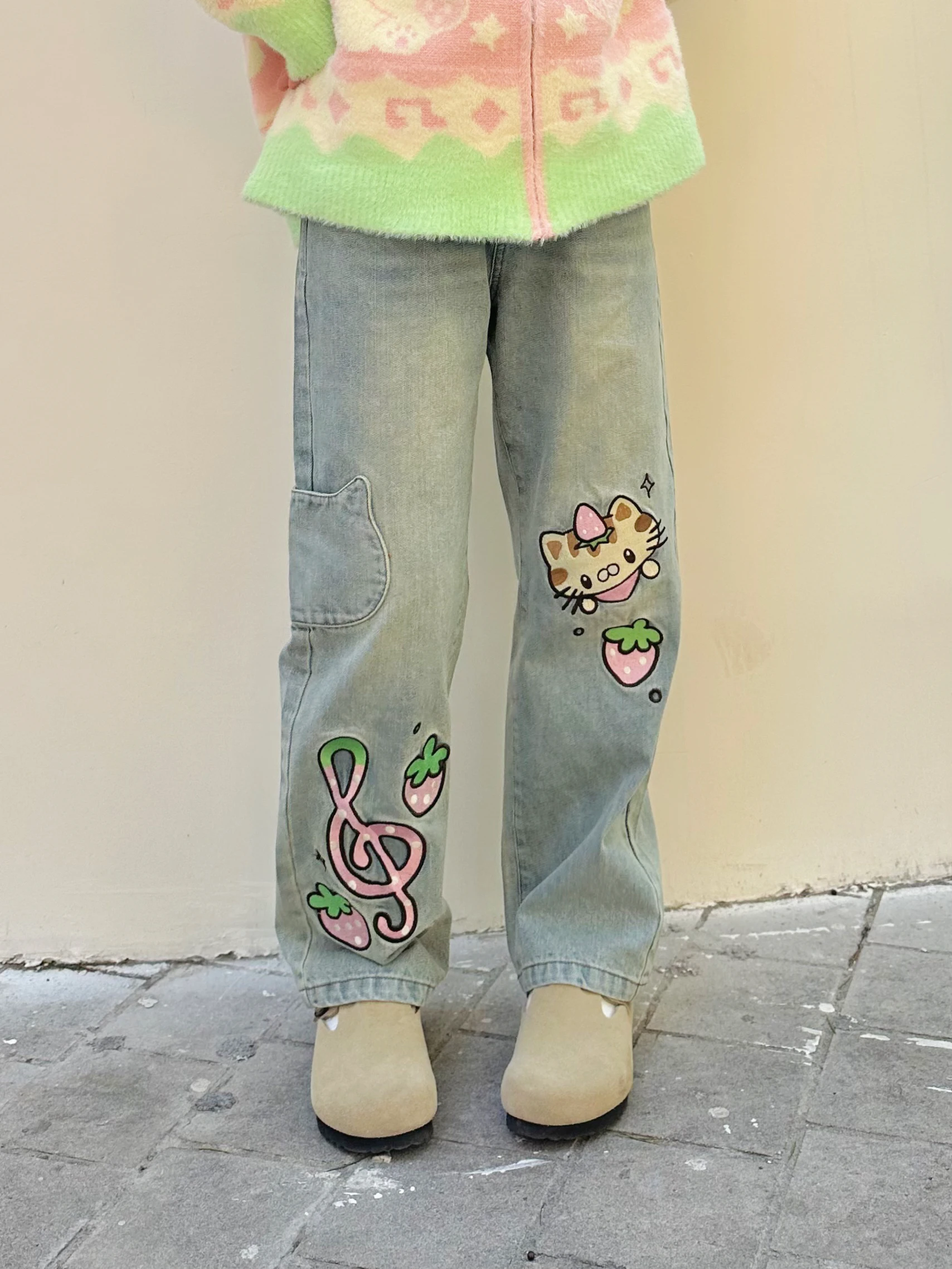 

Оригинальные широкие джинсы CokoStore Cute Stberry, свободные прямые повседневные хлопковые джинсовые брюки для девочек, зимняя коллекция