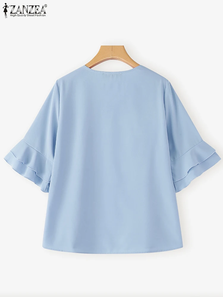 Fashion Women Tunic Tops 2025 ZANZEA Autumn Solid Color Blouse Elegant V-Neck Casual Shirts 3/4 Flare Sleeve Loose Korean Blusas