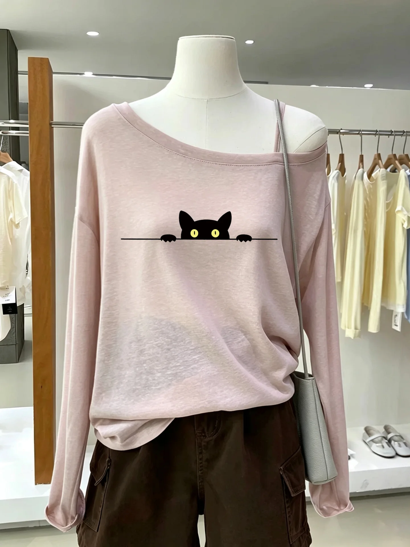 Loose Fit Long Sleeve T-Shirt Women's Korean Style Printed Asymmetrical Shoulder Base Shirt Autumn New Arrival Casual Top
