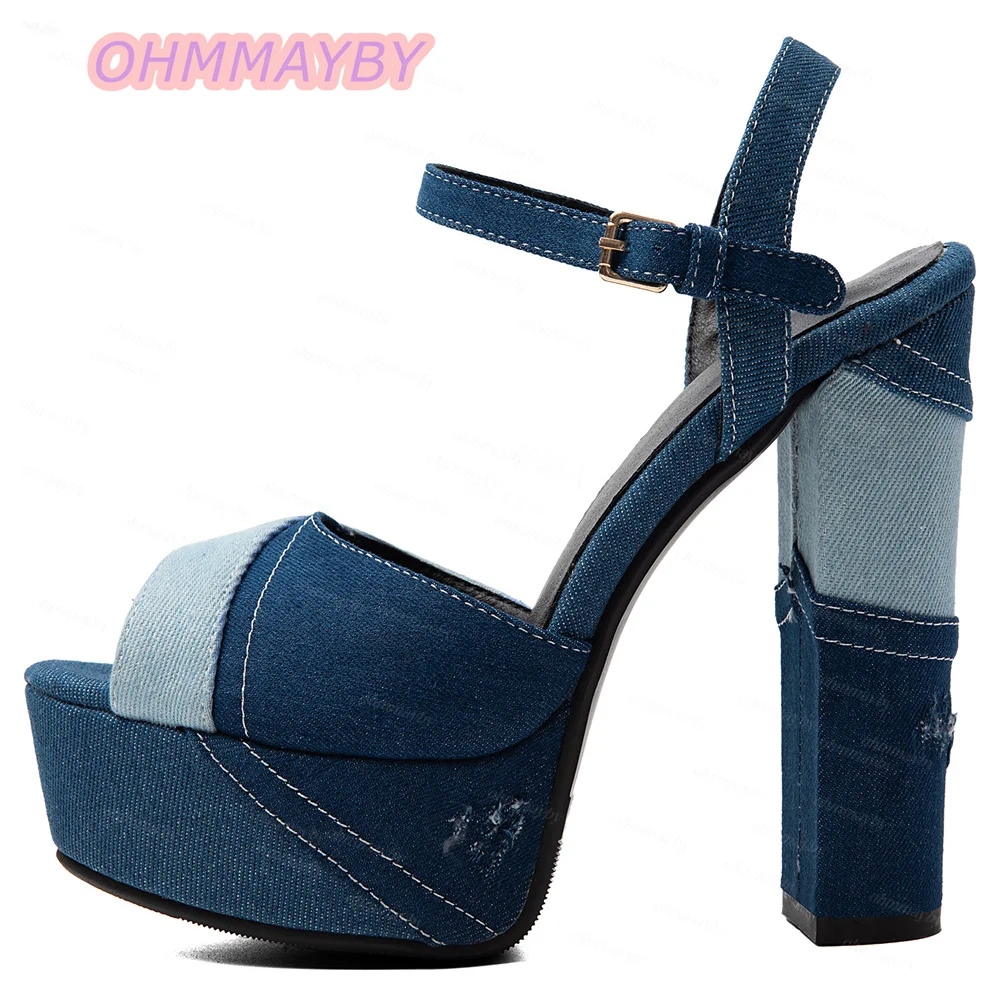 Women Blue Denim Platform Sandals Patchwork Open Toe Block Heel Ankle Strap Sandals Buckle Distressed Party Club Summer Shoes 47