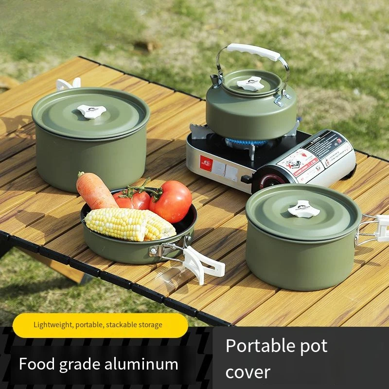 

Outdoor Camping Set of Pots and Pans Portable Hard Oxidized Aluminium Alloy Pots Pans Boil Kettle Combination Camping Cookware