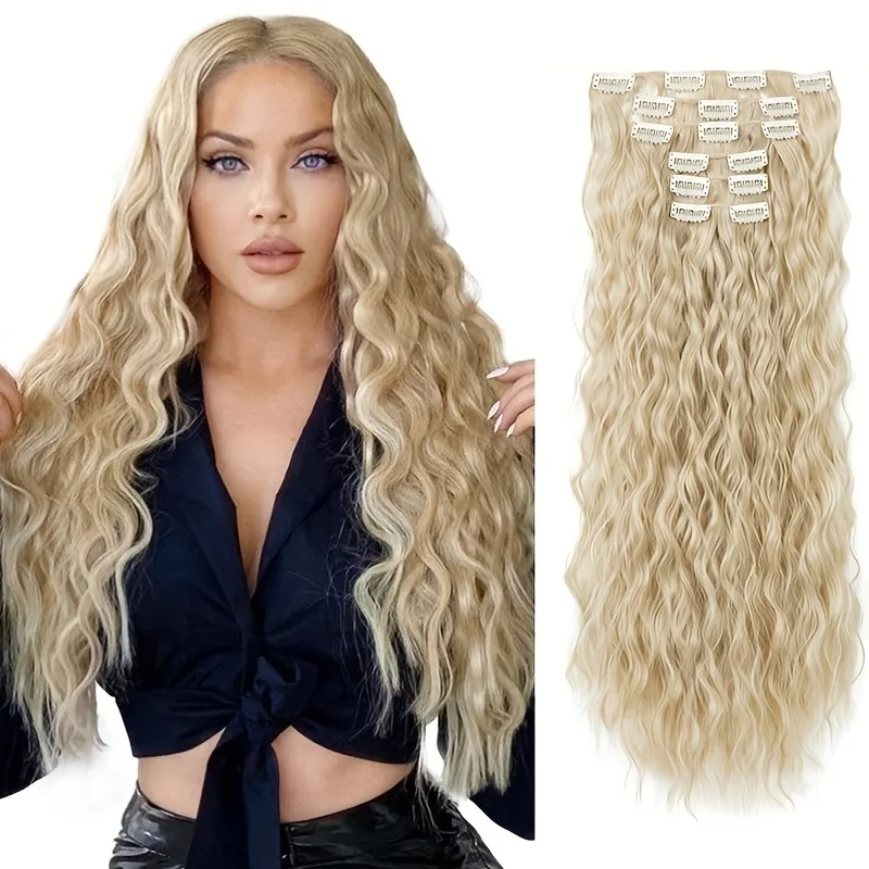 Clip-in hairextensions, 22 inch lange losse golvende hairextensions, onzichtbaar natuurlijk zacht voor dames bruin met highlights