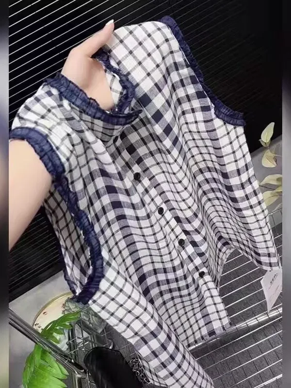 

Ретро-жилетка в клетку из льна для женщин, летняя, тонкая, свободного кроя, с вставками, из хлопка и льна, без рукавов, укороченный топ, верхняя одежда