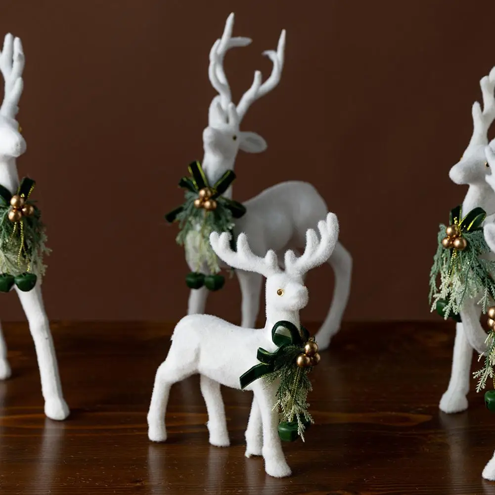 Reusable Tabletop Decoration Pieces White Flocked Elk Ornament with Ribbon Bell 3d Standing Deer Figurine Holiday Home Decor