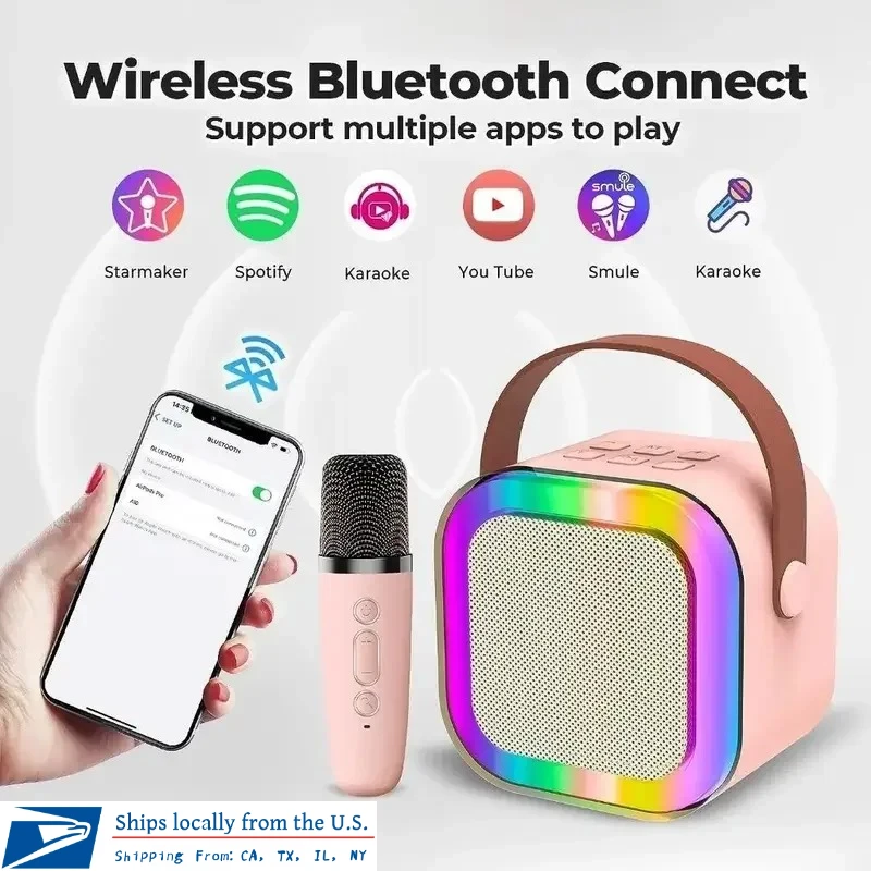 K12 Wireless Bluetooth Speaker with Dual Microphones RGB Portable Karaoke Machine for Family Singing Kids Gift