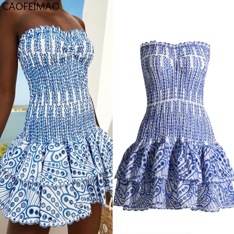 Boho Inspired-Vestido corto de algodón sin tirantes para mujer, minivestido bordado con corpiño fruncido, para fiesta de verano