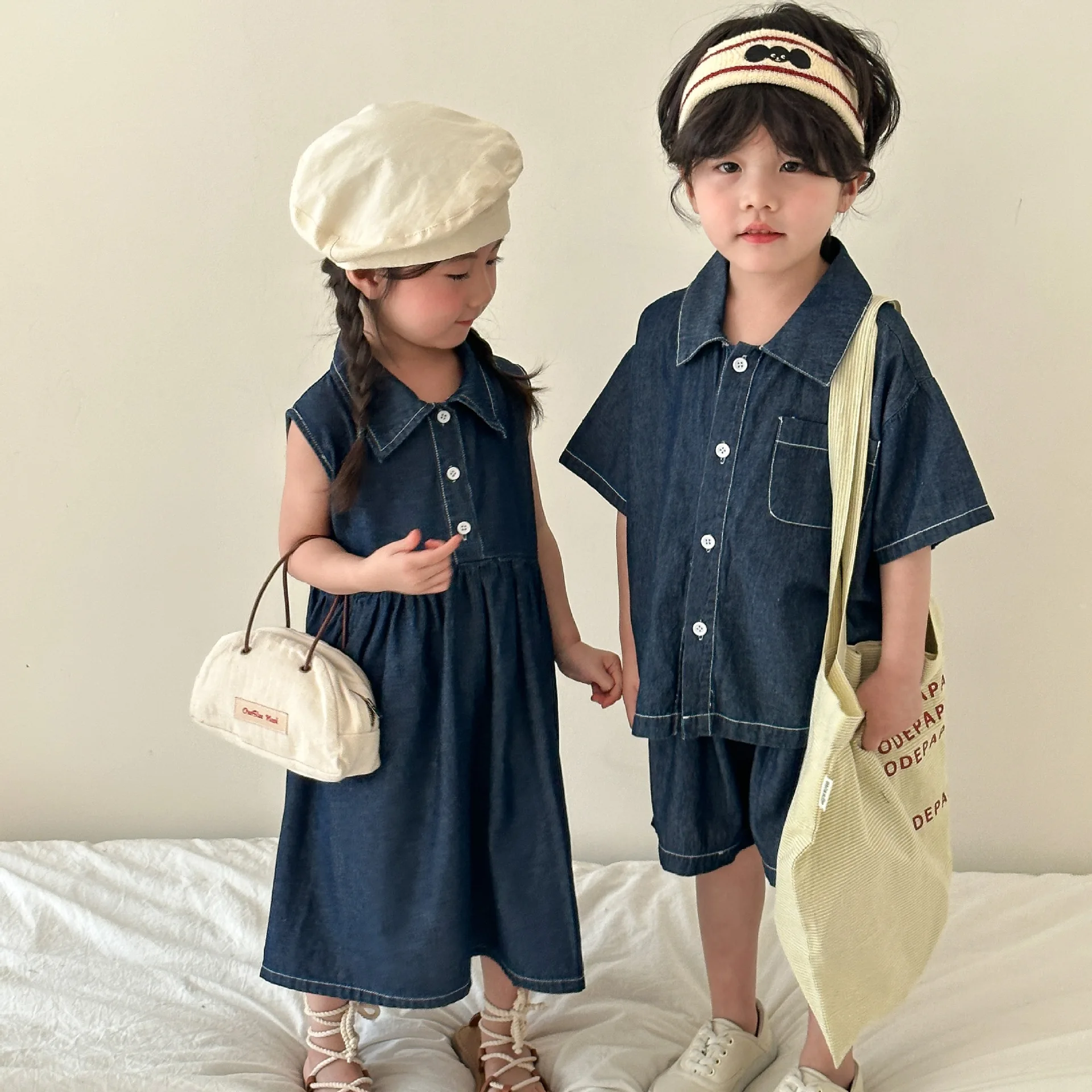 Children Twins Clothes Sister and Brother Matching Denim Clothing Baby Girl Sleeveless Dresses Kids Boys Two Piece Outfit Sets