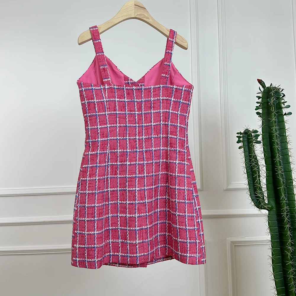 High Quality 2024 New Autumn Rose Red Plaid Tweed Single Breasted Dress Fashion Sweet Women Spaghetti Strap Casual Loose Vestido image 2
