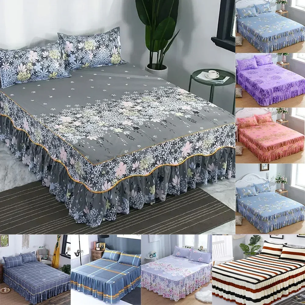 3PCS/Set Bed Sheet Set Flower Bedspread - Non-Slip Bed Dress Sheet for King/Queen Size 1.5M/1.8M/2M Beds Soft Home Bedding Cover