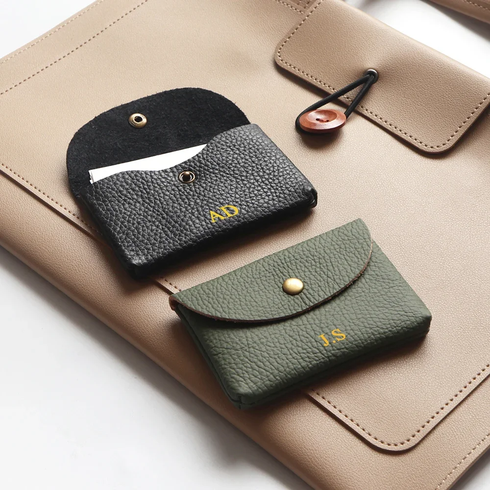 Personalize Genuine Leather Card Holder Simple Classic Soft Cowhide Coin Purse Engrave Letter Mini Envelope Business Card Sleeve