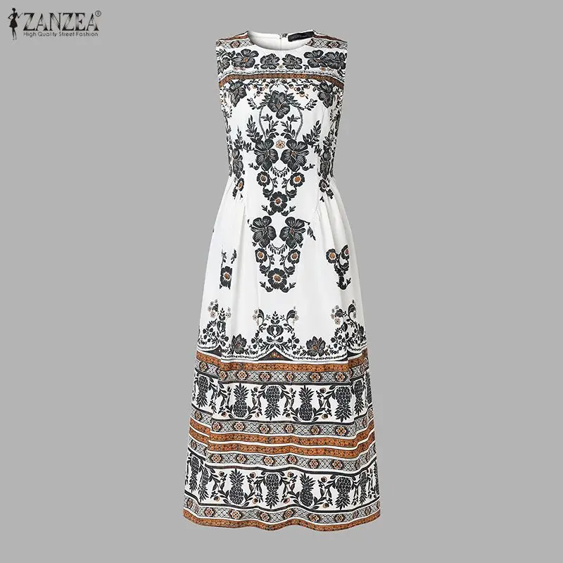 Floral Print Summer Party Sundress ZANZEA Women Sleeveless Maxi Dress A-Line Drawstring Waist Vintage Vacation Vestidos