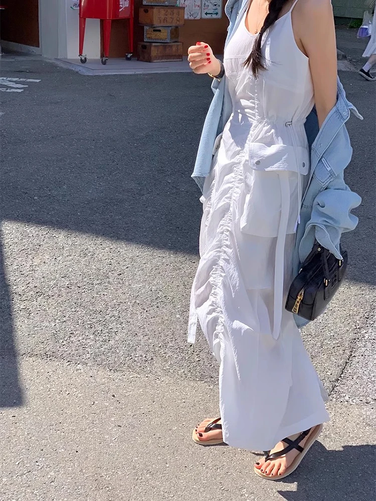 ชุดเดรสยาวทรงเอวสูงแบบจีบพลีทสไตล์วินเทจสำหรับฤดูร้อน  ช่วยกระชับสัดส่วน  สายรัดปรับได้  แฟชั่นสำหรับผู้หญิง