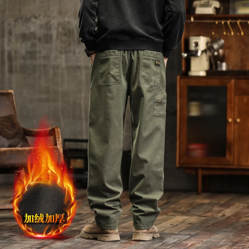 2025 خريف شتاء جديد سراويل تقليدية رجالية حجم كبير بسيط متعدد الاستخدامات مستقيم الساق مبطنة بالصوف سميكة السراويل البضائع في الهواء الطلق #5