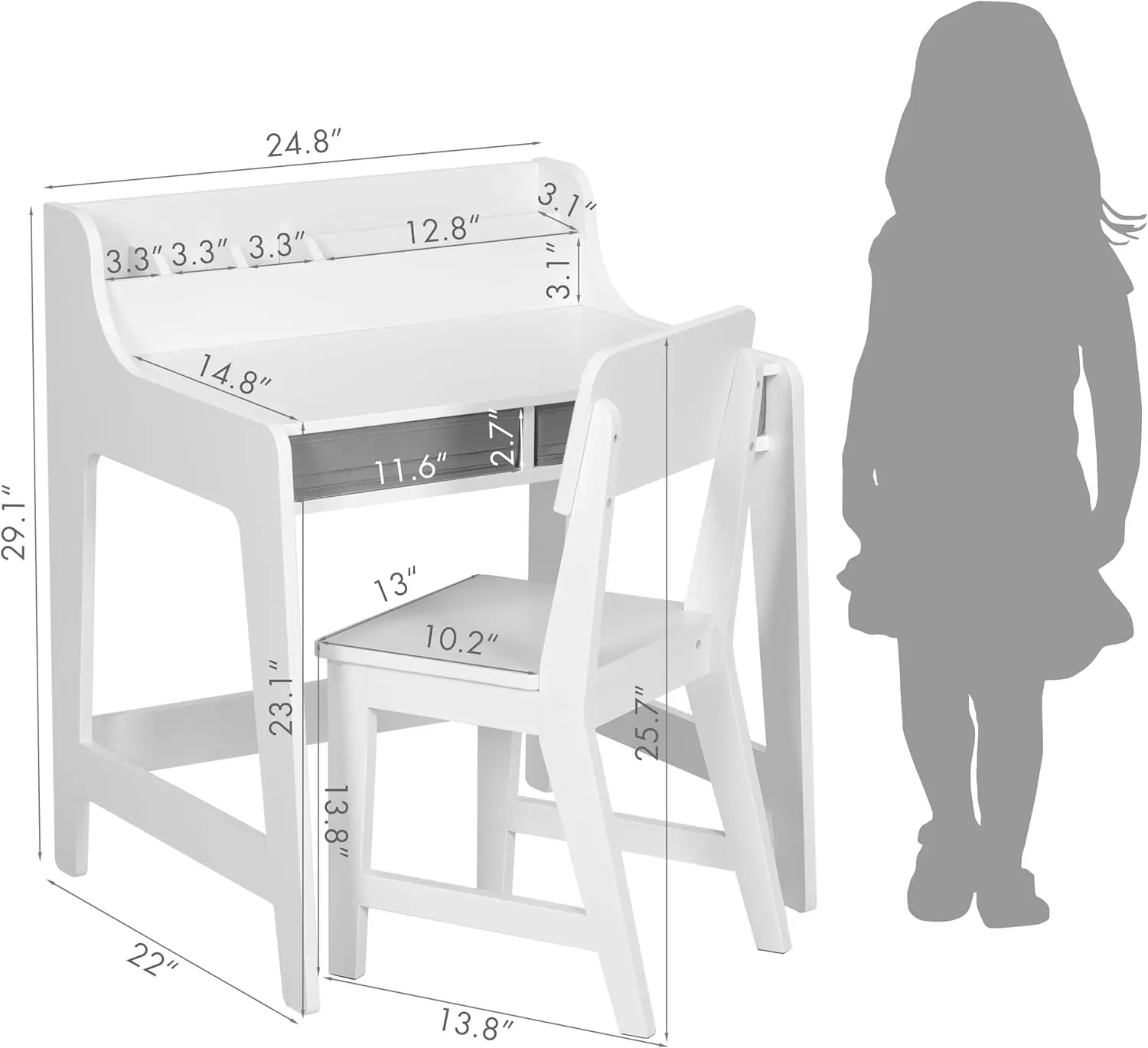 Kids Desk and Chair Set, Study Desk for Kids with Storage Bins, Wooden Children Study Table, Student Writing Desk for Bedroom &