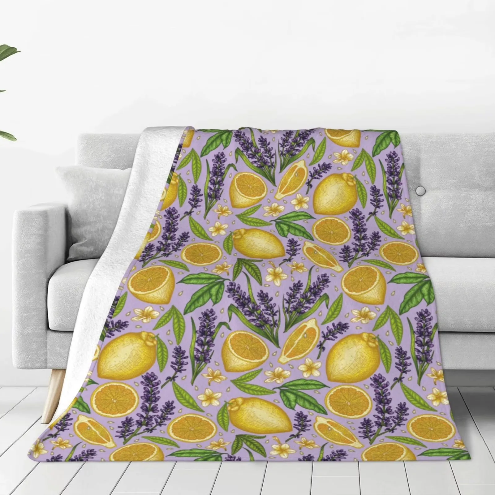 Lavender Lemon Print Fleece Throw Blanket Soft Plush Flannel Couch Bed Blanket