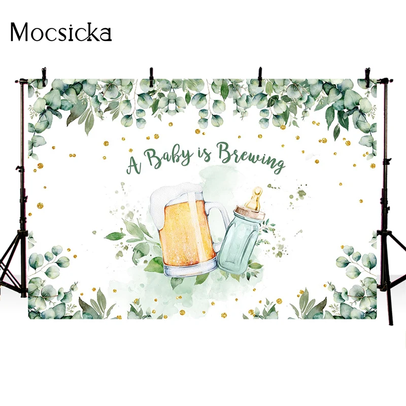 Mocsicka Baby Shower Photography Background Milk Bottle Beer Mug Green Leaves Decoration Newborn Portrait Photo Wallpaper Banner