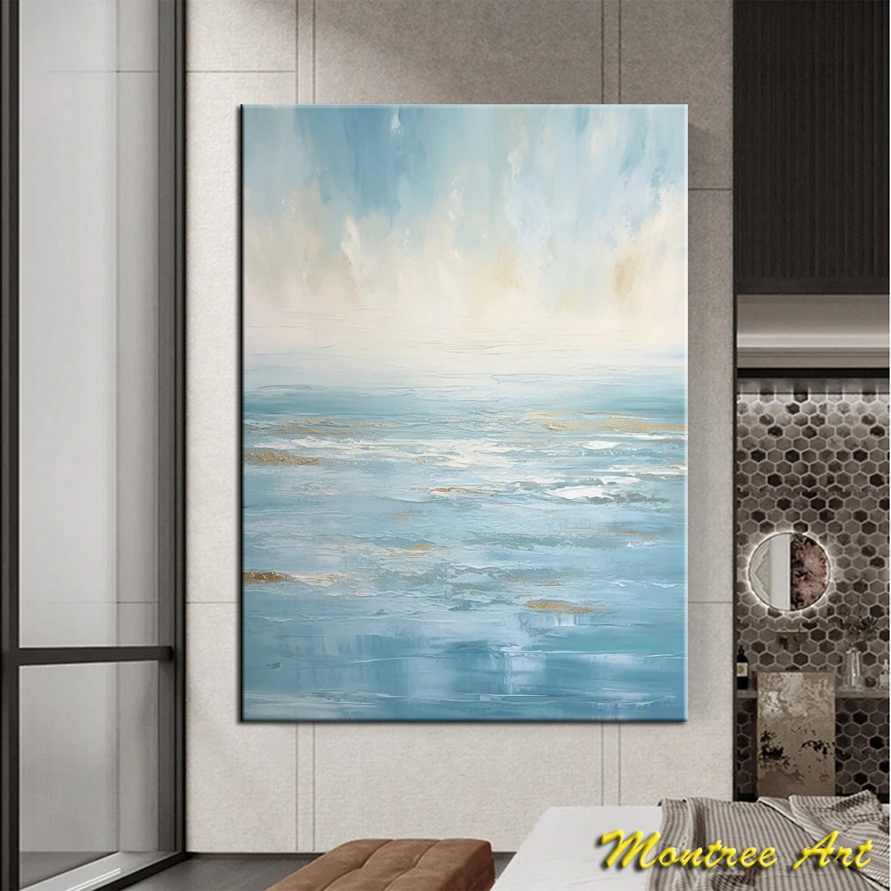 Hand Painted Oil Painting Original canvas oil painting Blue ocean abstract painting golden waves living room wall art painting