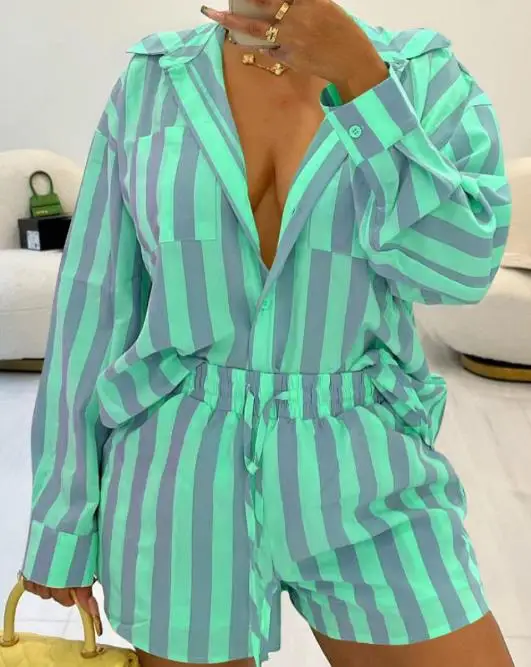 Women's Commuter Set Spring/summer Latest Fashion Casual Vertical Stripe Long Sleeved Shirt Shorts Loose Print Two Piece Set