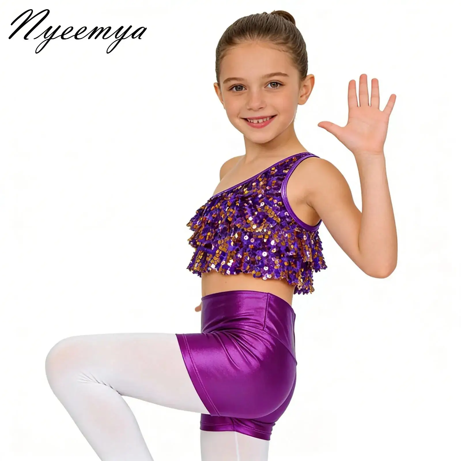 

Kids Girls Sequins Ballet Dance Outfits Modern Latin Jazz Dancing Performance Costume Ballroom Dancewear Crop Top And Shorts Set