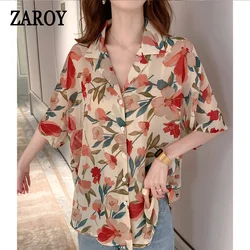 PLAZSON Spring Fall Casual Chiffon Shirt Floral Print Lapel Button-up Vintage Blouse Elegant Transparent Tops Thin Blusas