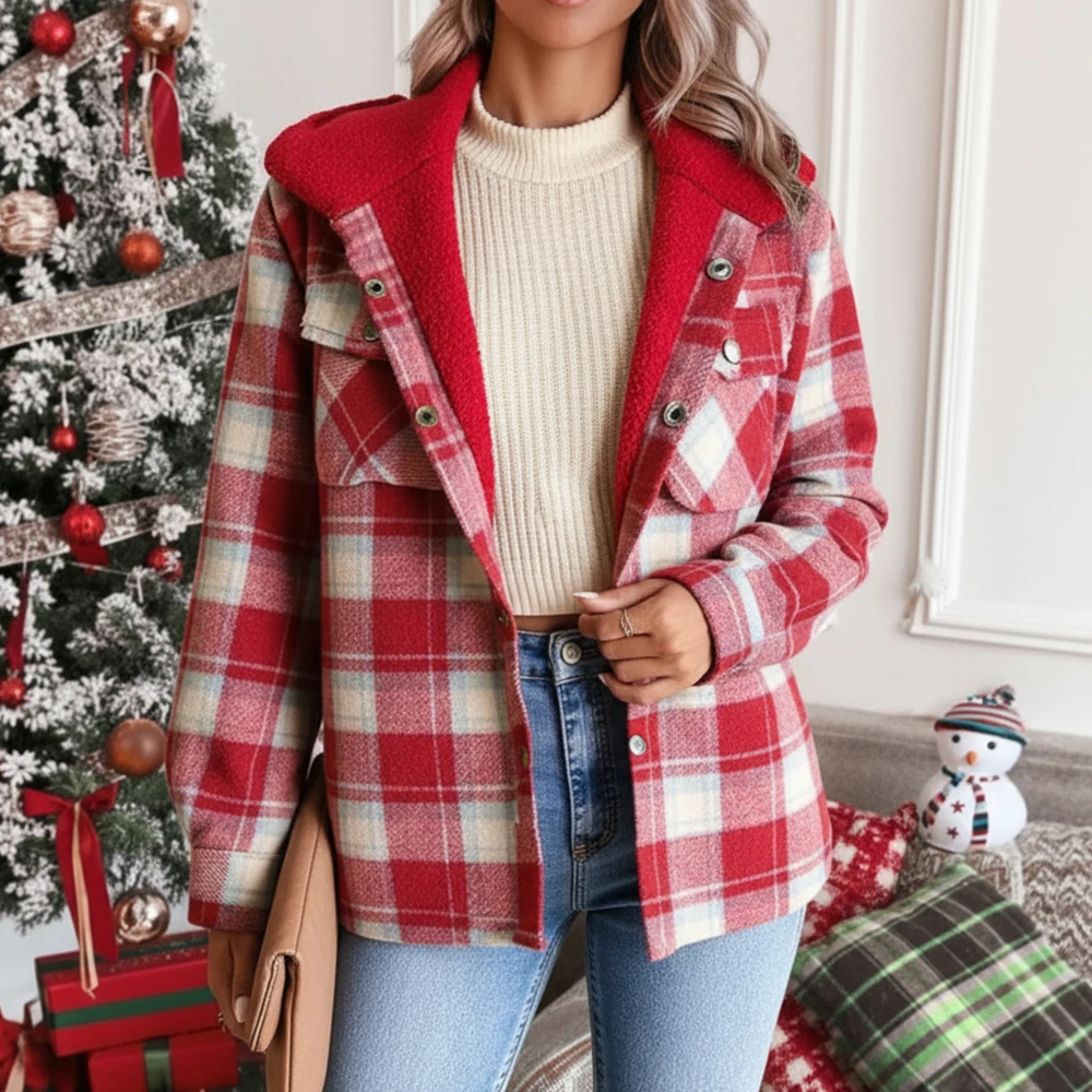 سترة نسائية كورية خفيفة الوزن بنمط منقوش بصدر واحد وطية صدر السترة شيربا وغطاء للرأس للخريف والارتداء اليومي #3