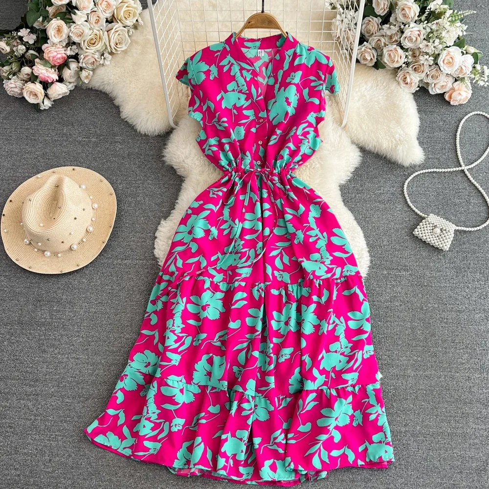 2024 Summer Women Floral Midi Dress Vintage V-Neck Ruffle Hem Elegant Single Breasted Vestidos Female Vacation Beach Robe New