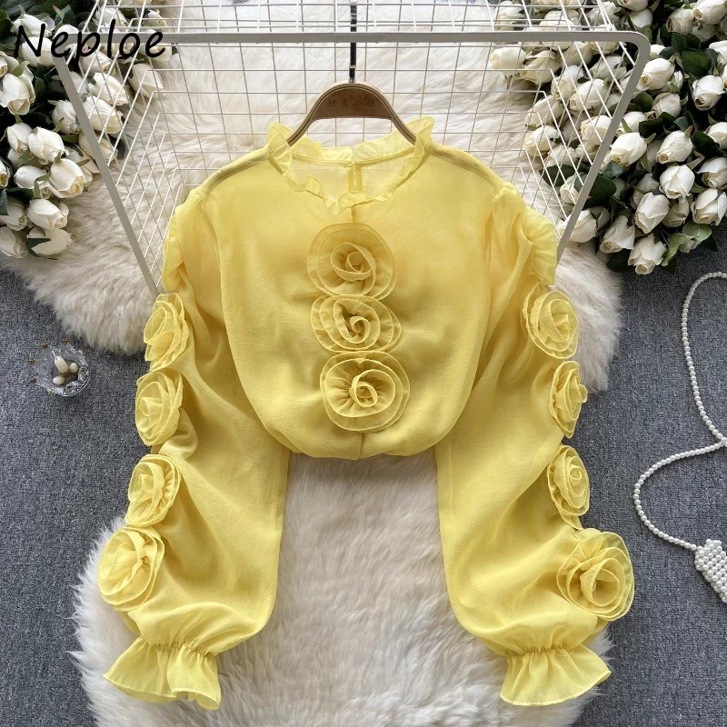 

Neploe Light Luxury Socialite Style High-End Lantern Sleeve Shirt Mesh Three-Dimensional Flower Loose Sweet Temperament Blouses