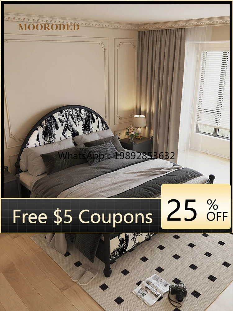 

LYY Vintage Style Bed Solid Wood French Retro Half-Moon Fabric Double Cream Style Master Bedroom Large Bed