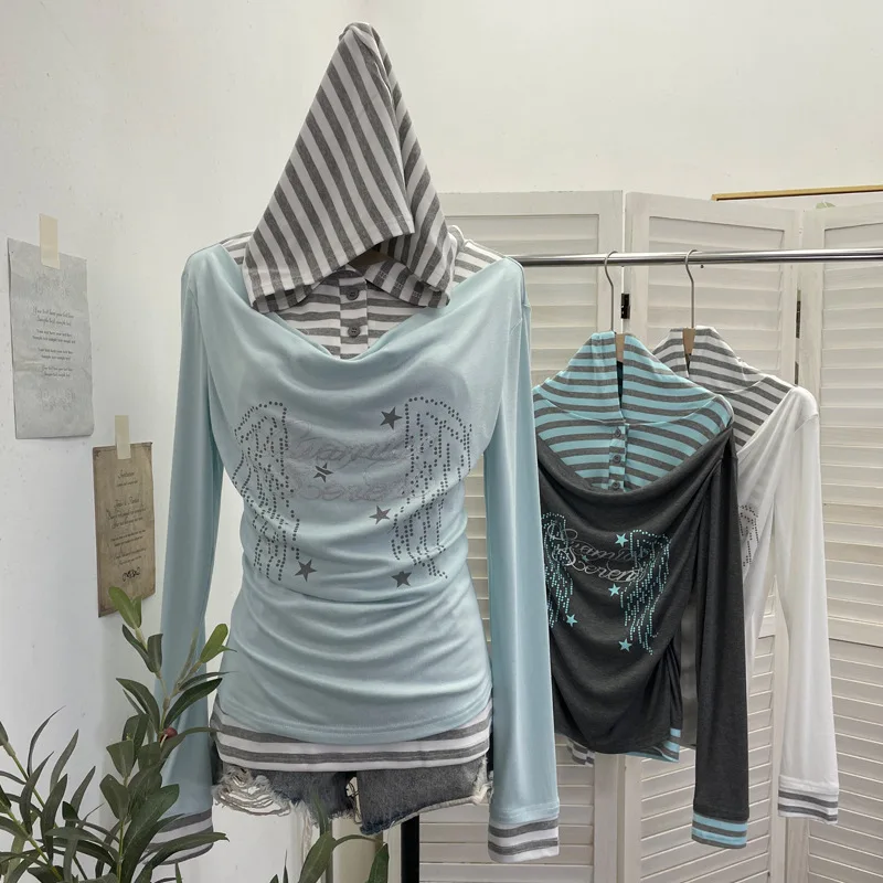 High Quality Hot Selling Wholesale Autumn  Fake Two-piece Striped Letter Printed Hooded Long Sleeved T-shirt Slim Fit Top Women