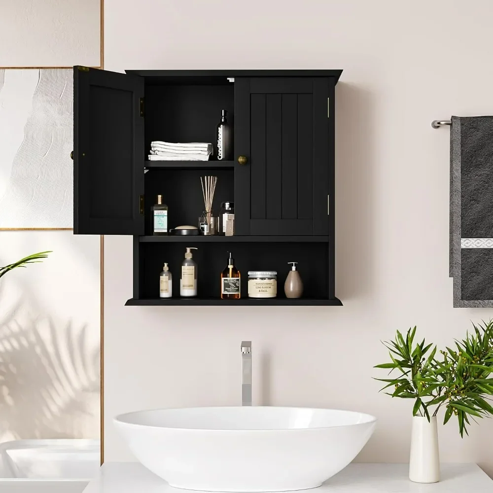 Black small bathroom cabinet wall mounted with 2 adjustable shelves, located above the toilet