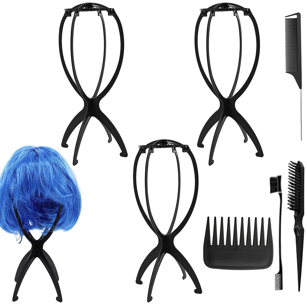 

3 Pack Wig Stand with 4 Pcs Hair Brush Comb, Portable Wig Holder for All Types of Wigs, Foldable Travel Wigs Holder