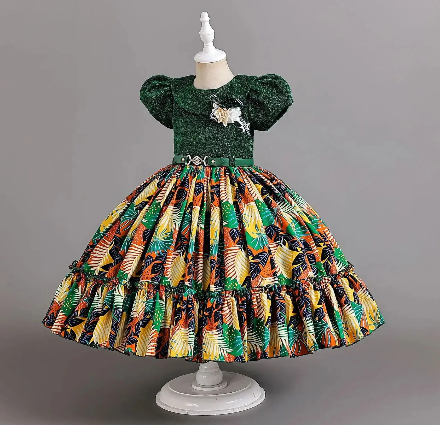 

New Girls Communion Party Dresses Girl Print Dress with Belt Kid Christmas Clothes Fashion